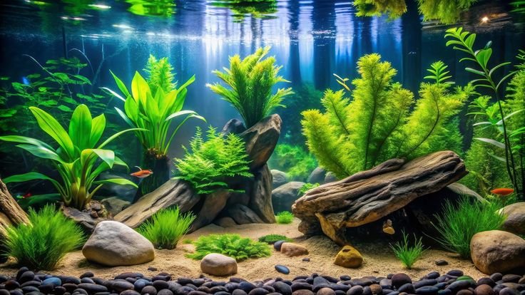 Aquarium Background - Bright Green Plants with Driftwood